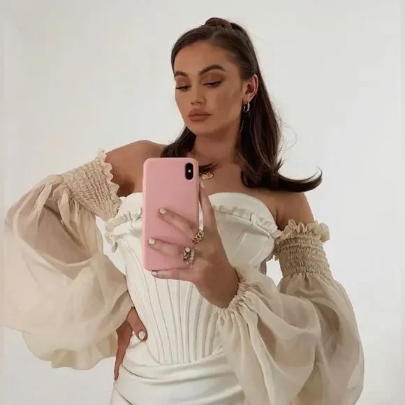 HOUSE OF CB Beau White Ivory Draped Corset Bustier Dreamy Flowy Chiffon Dress - Picture 1 of 16